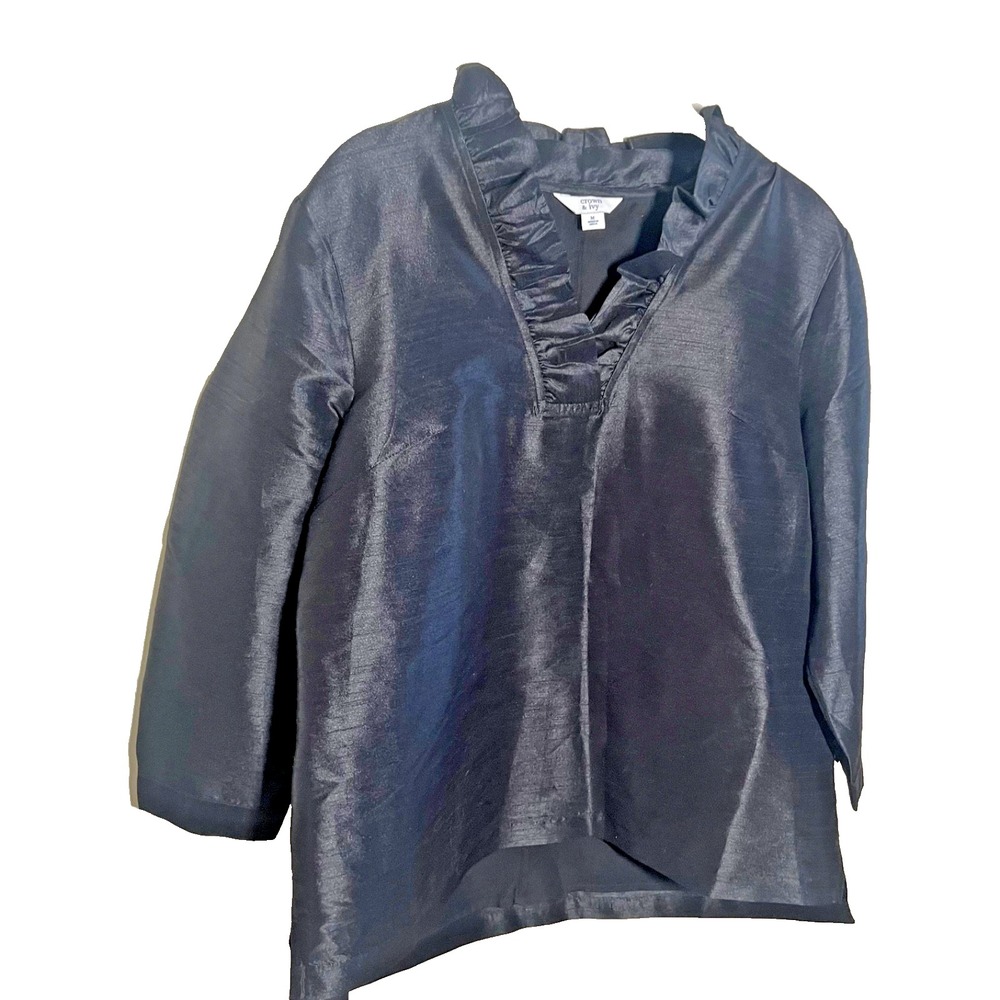 Crown & Ivy Pullover Top Black Ruffle V-Neck‎ 3/4 Sleeves Sz  M  Versatile Shiny